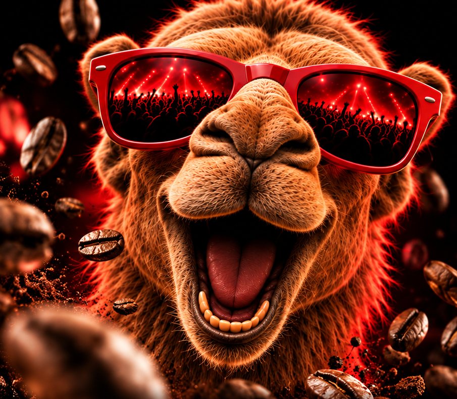 El camello de Tu Camello del Café con gafas rojas que reflejan una rave